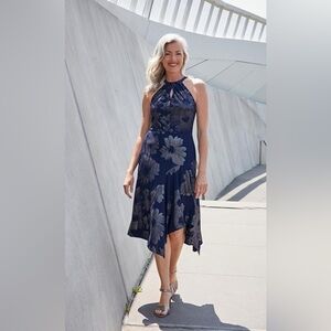 London Times Blue Metallic Floral Asymmetrical Hem Halter Keyhole Dress Sz 4